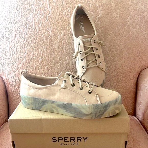 Brand New Sperry Crest Vibe Platform Sneakers Beige Green Leaf Tropical Neutral - Picture 1 of 16